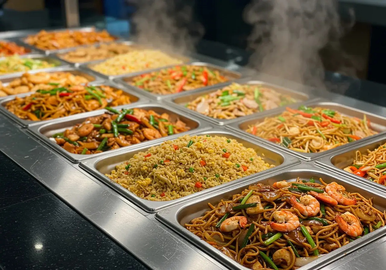 Des plats chauds dans des bacs en inox sur un comptoir de buffet - riz sauté, nouilles et crevettes