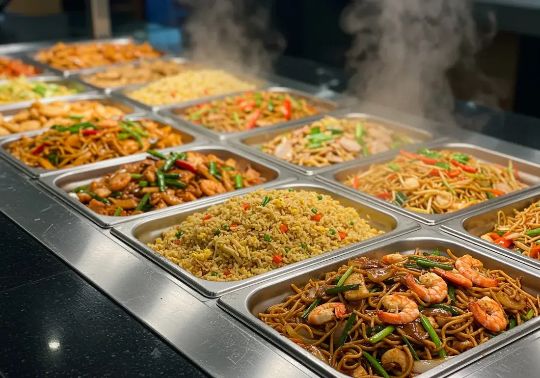 Plats chauds de riz, de nouilles et de sautés dans les bacs fumants d’un buffet