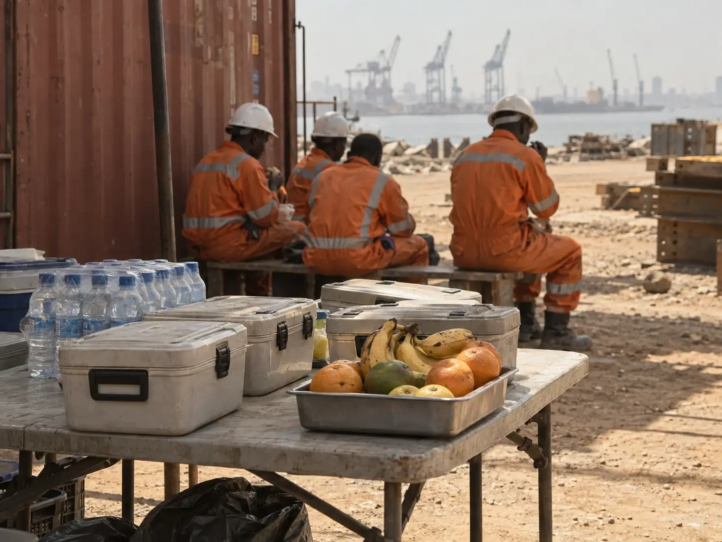 Des ouvriers en combinaison orange et casque déjeunent à l’ombre d’un conteneur, près d’une table garnie de caisses-repas isothermes, de fruits et d’eau en bouteille, avec les grues du port de l’autre côté de la baie