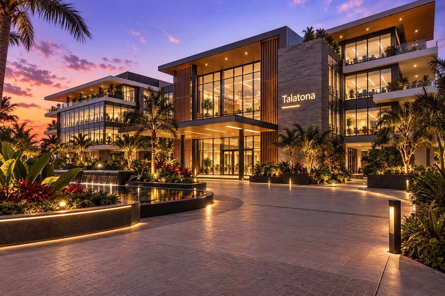 Immeubles de bureaux vitrés illuminés au crépuscule au-dessus d’une place paysagée à Talatona, au sud de Luanda