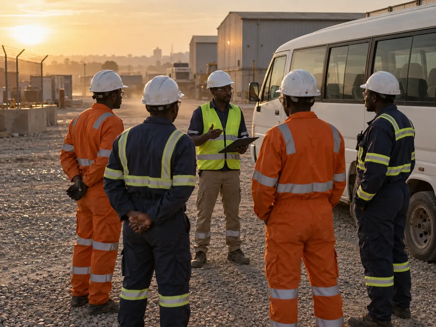 Un superviseur, bloc-notes à la main, fait le briefing d’une équipe en casque et combinaison haute visibilité à côté d’un minibus blanc de transport du personnel, à l’aube, sur une aire gravillonnée d’une zone industrielle